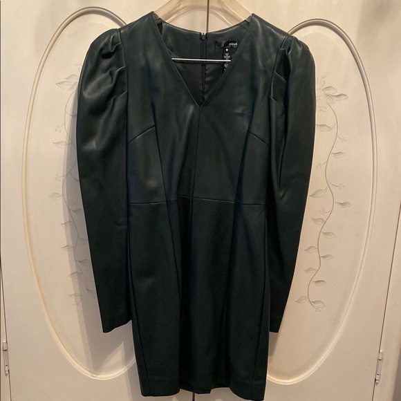 Aqua Dresses & Skirts - Aqua dark green vegan leather Sheath Dress with Puff Sleeves and V-Neck
